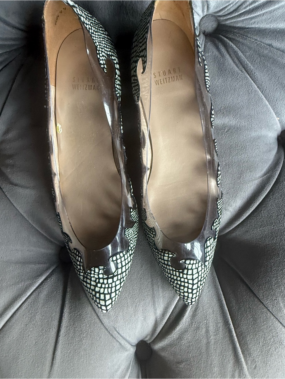 Stuart Weitzman Black & White Croc-Print Pointed Toe Flats with Gloss Trim